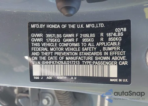 2018 Honda Civic Lx z USA, uszkodzony, nr VIN SHHFK7H29JU217213